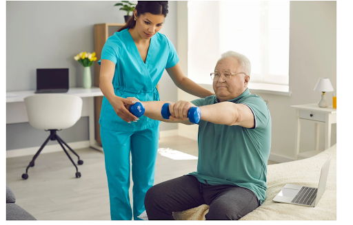 Physiotherapist demonstrating strengthening exercise to COPD patient