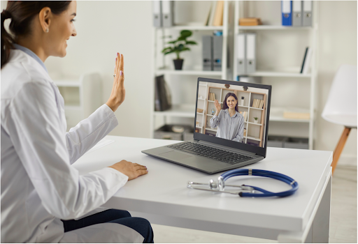 Doctor demonstrating therapy exercise to respiratory disease patient during a video call.