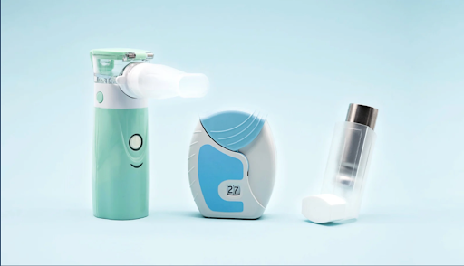 Various inhalation devices for respiratory therapy displayed on a light blue background.